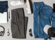 Flatlay van slim fit kleding met blauw jack, grijze broek, witte sneakers en accessoires