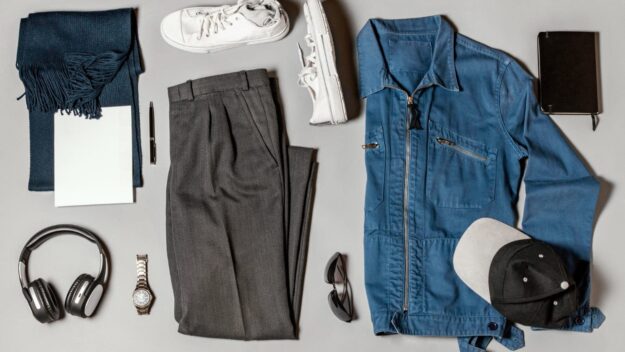 Flatlay van slim fit kleding met blauw jack, grijze broek, witte sneakers en accessoires