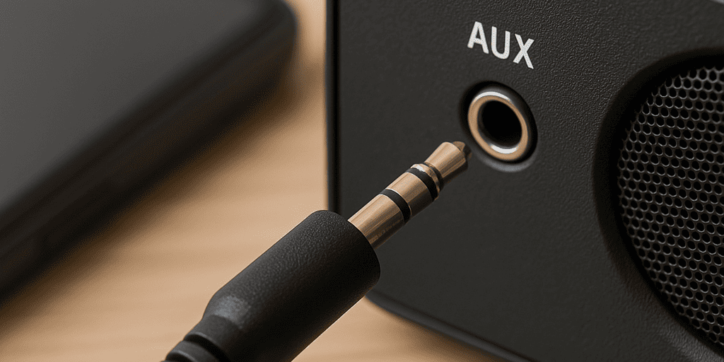 3,5 mm AUX-kabel wordt aangesloten op een speaker voor directe geluidsverbinding