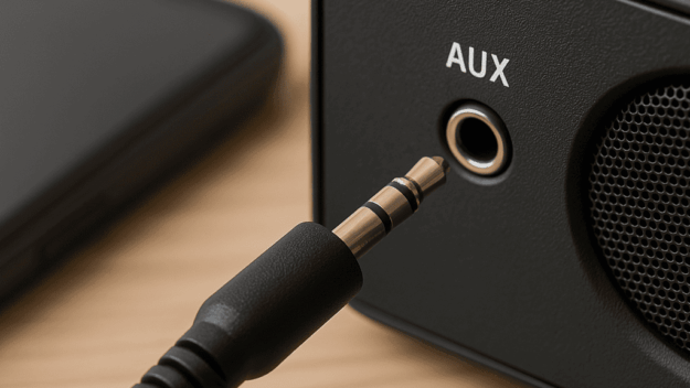 3,5 mm AUX-kabel wordt aangesloten op een speaker voor directe geluidsverbinding