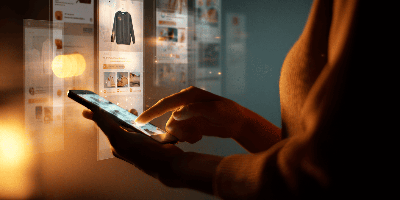 Consumentiseme Persoon met smartphone, omringd door licht van het scherm en online reclamebeelden. De foto laat zien hoe digitaal consumentisme ons dagelijks leven beïnvloedt.