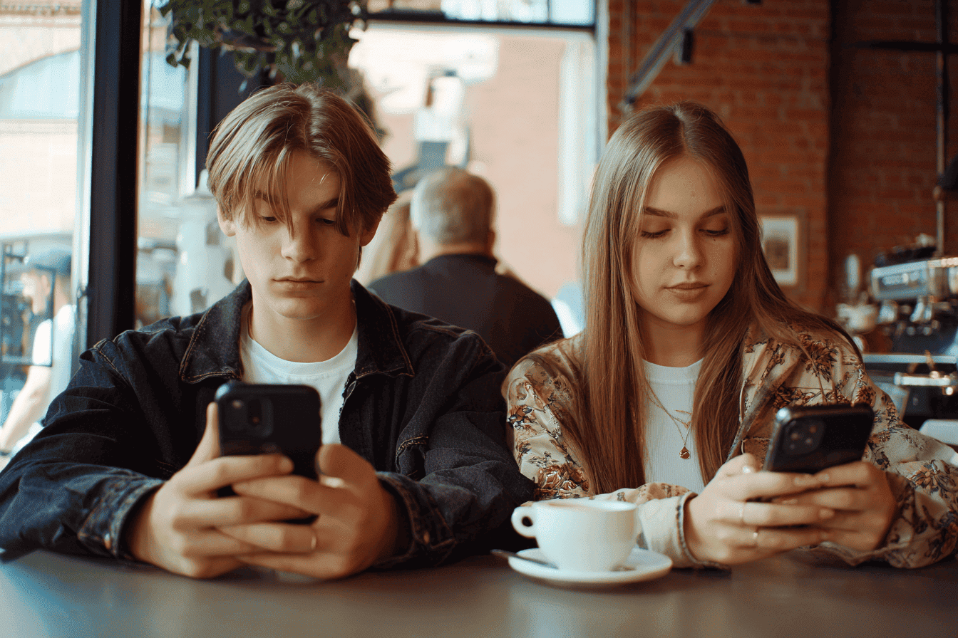 Twee jonge volwassenen in een café kijken naar hun telefoon met sociale media vol luxeproducten en reizen. De afbeelding toont de subtiele sociale druk van modern consumentisme.