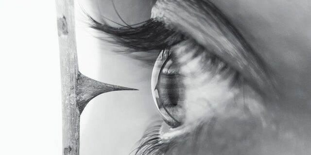 Betekenis van risicobereidheid uitgebeeld door een oog zo dicht mogelijk bij een doorn te houden