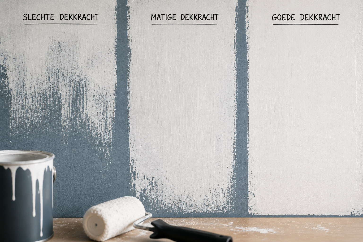 Vergelijking van slechte, matige en goede dekkracht verf op een witte muur tijdens schilderen