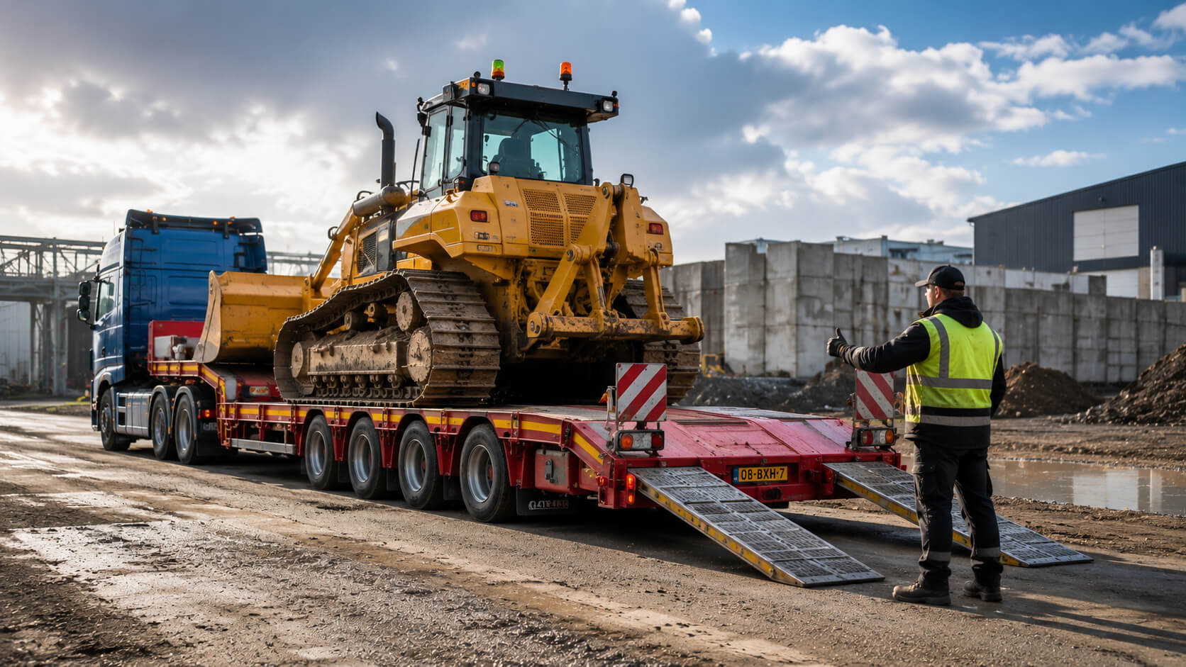 Dieplader transport tijdens laden van bulldozer via oprijplaten met begeleiding voor veilig positioneren