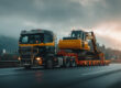 Dieplader transport op snelweg met zware graafmachine waarbij stabiliteit en lage laadvloer zichtbaar zijn