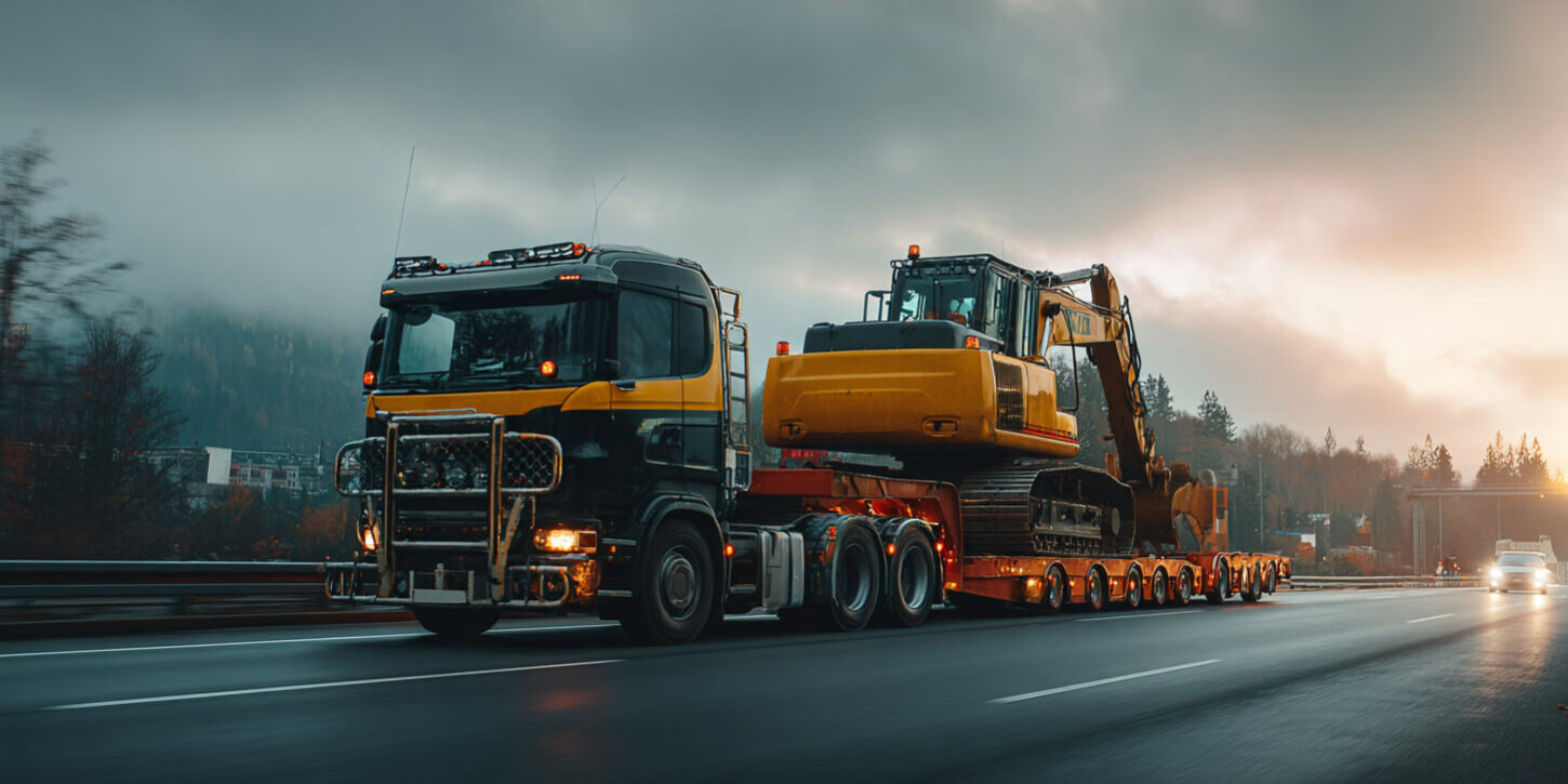 Dieplader transport op snelweg met zware graafmachine waarbij stabiliteit en lage laadvloer zichtbaar zijn