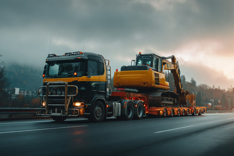 Dieplader transport op snelweg met zware graafmachine waarbij stabiliteit en lage laadvloer zichtbaar zijn