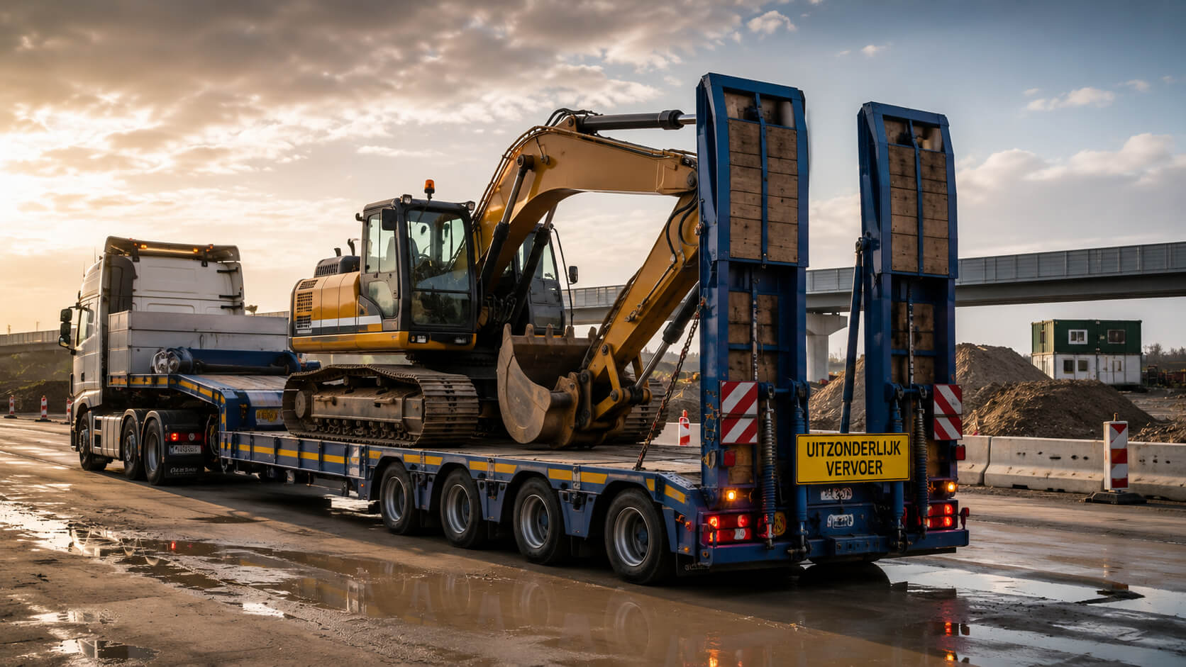 Dieplader transport met graafmachine op lage trailer voor uitzonderlijk vervoer op natte bouwlocatie