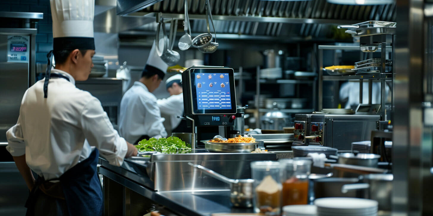 Professionele keuken met KDS systeem scherm dat bestellingen toont per station
