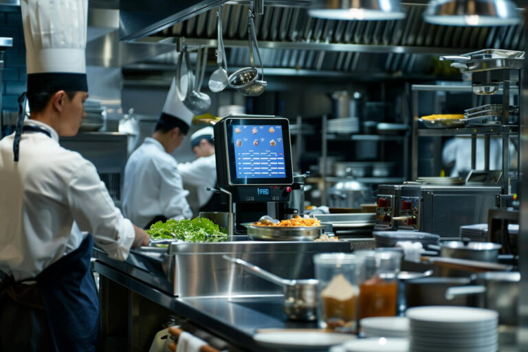 Professionele keuken met KDS systeem scherm dat bestellingen toont per station