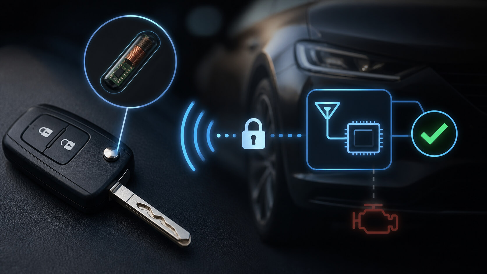 Transponderchip in autosleutel communiceert met auto voor herkenning via transpondercode autosleutel en startbeveiliging