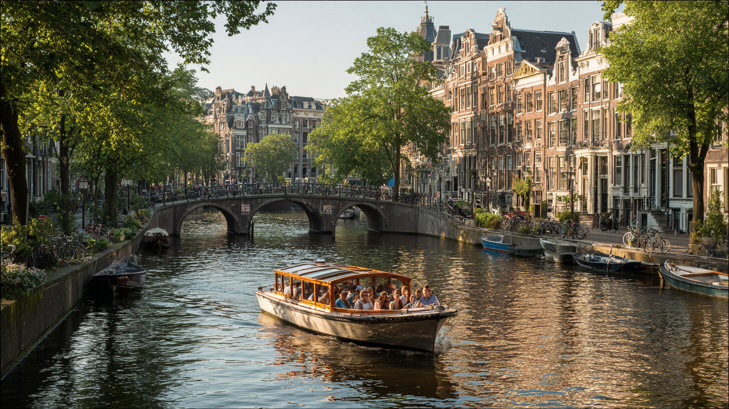 Rondvaartboot op een Amsterdamse gracht als onderdeel van diensten van een Destination Management Company.