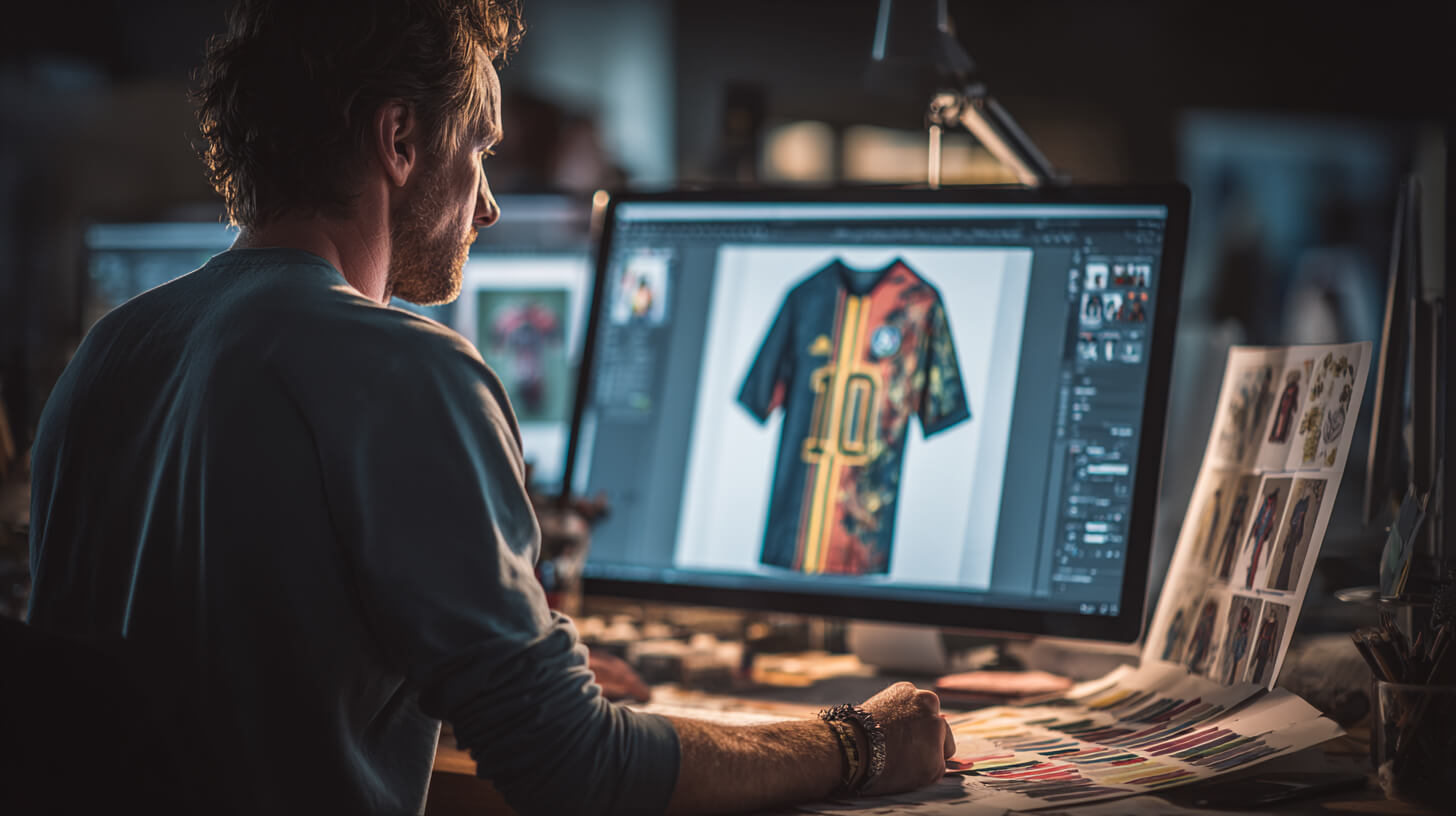 Ontwerper controleert resolutie en details tijdens dartshirts ontwerpen voor een scherpe sportprint.