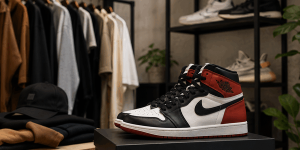 Authentieke sneakers in een moderne sneakerwinkel met streetwear kleding en exclusieve schoenencollectie op de achtergrond
