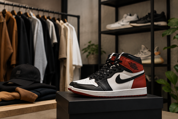 Authentieke sneakers in een moderne sneakerwinkel met streetwear kleding en exclusieve schoenencollectie op de achtergrond