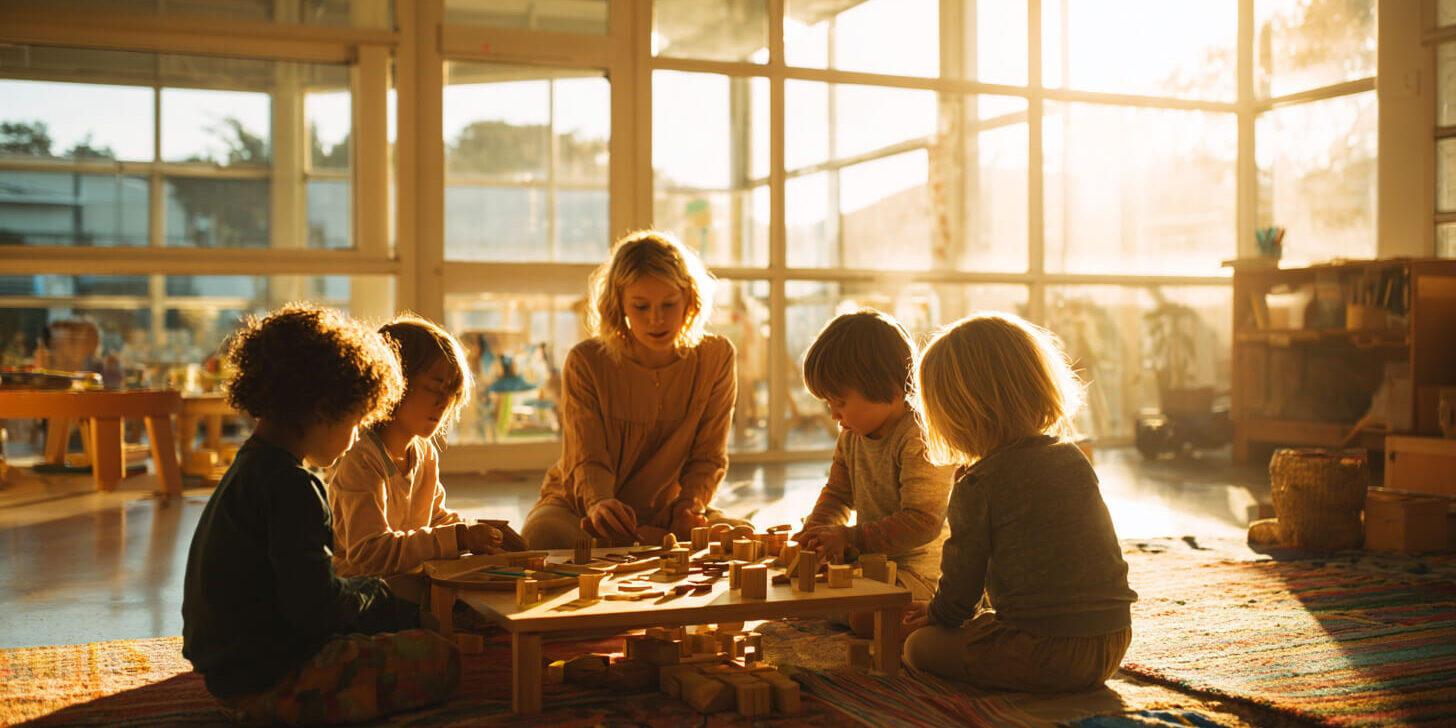 Kinderen spelen samen met houten blokken aan een tafel onder begeleiding van een pedagogisch medewerker tijdens buitenschoolse opvang