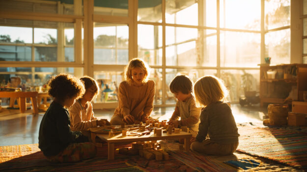 Kinderen spelen samen met houten blokken aan een tafel onder begeleiding van een pedagogisch medewerker tijdens buitenschoolse opvang