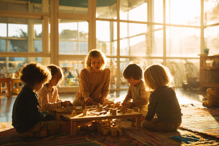 Kinderen spelen samen met houten blokken aan een tafel onder begeleiding van een pedagogisch medewerker tijdens buitenschoolse opvang