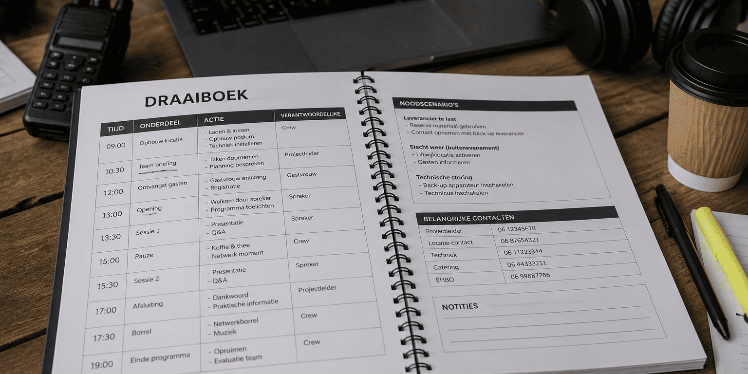 Het draaiboek van een evenement die op een bureau ligt