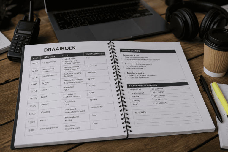 Het draaiboek van een evenement die op een bureau ligt