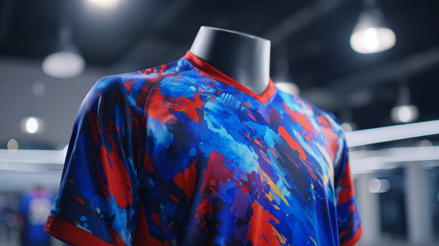 Dartshirt met kleurrijke sublimatieprint toont het belang van hoge dpi bij dartshirts ontwerpen.