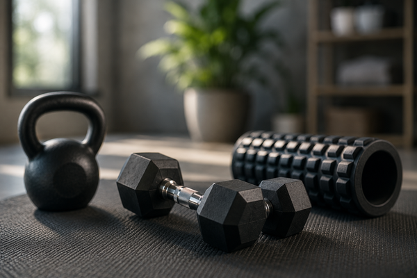 Dumbbells, kettlebell en foamroller klaar voor kracht- en stabiliteitstraining in een moderne thuisgym
