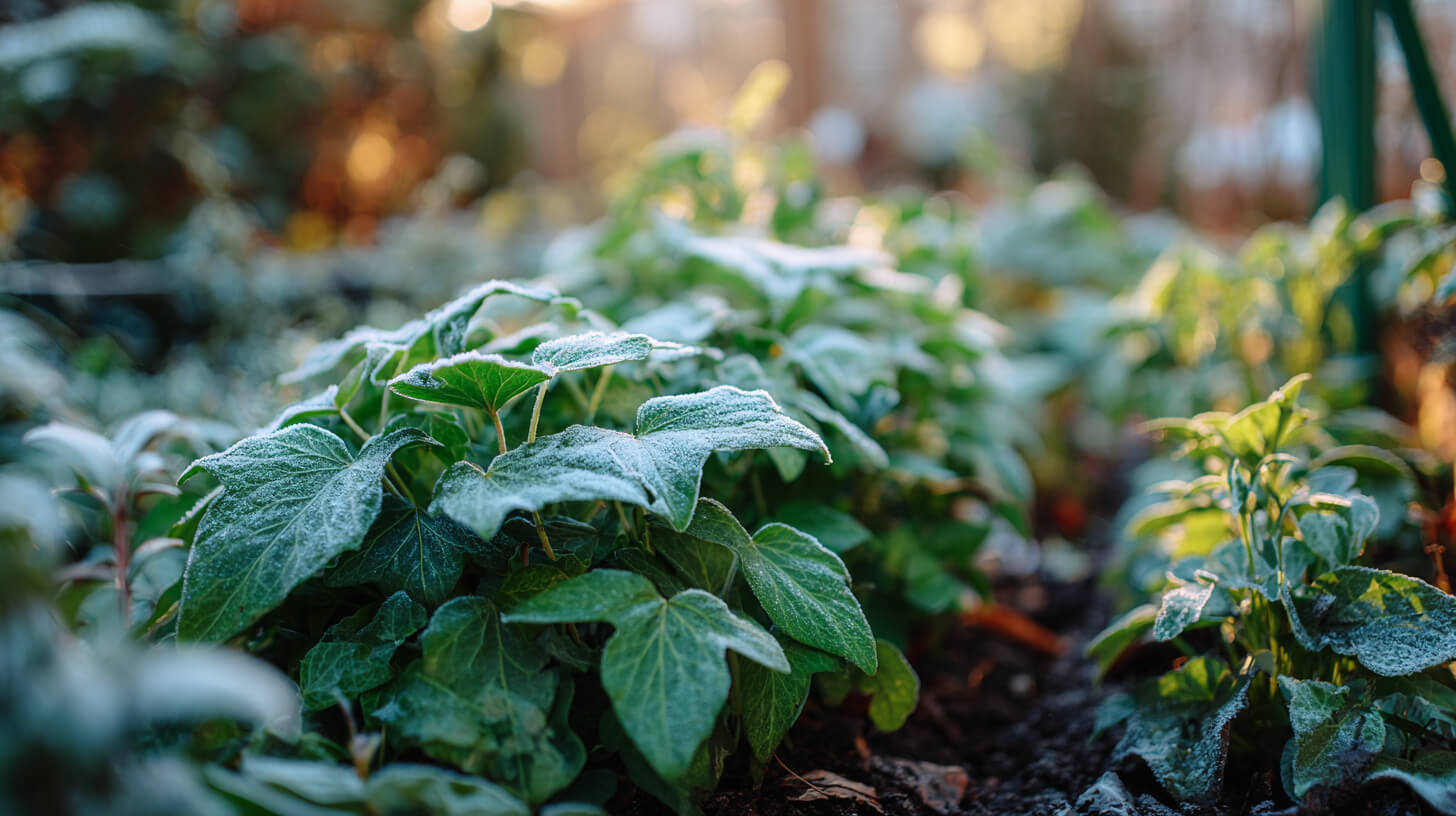 Jonge planten met rijp in een border naast een groenblijvende haag in de wintertuin