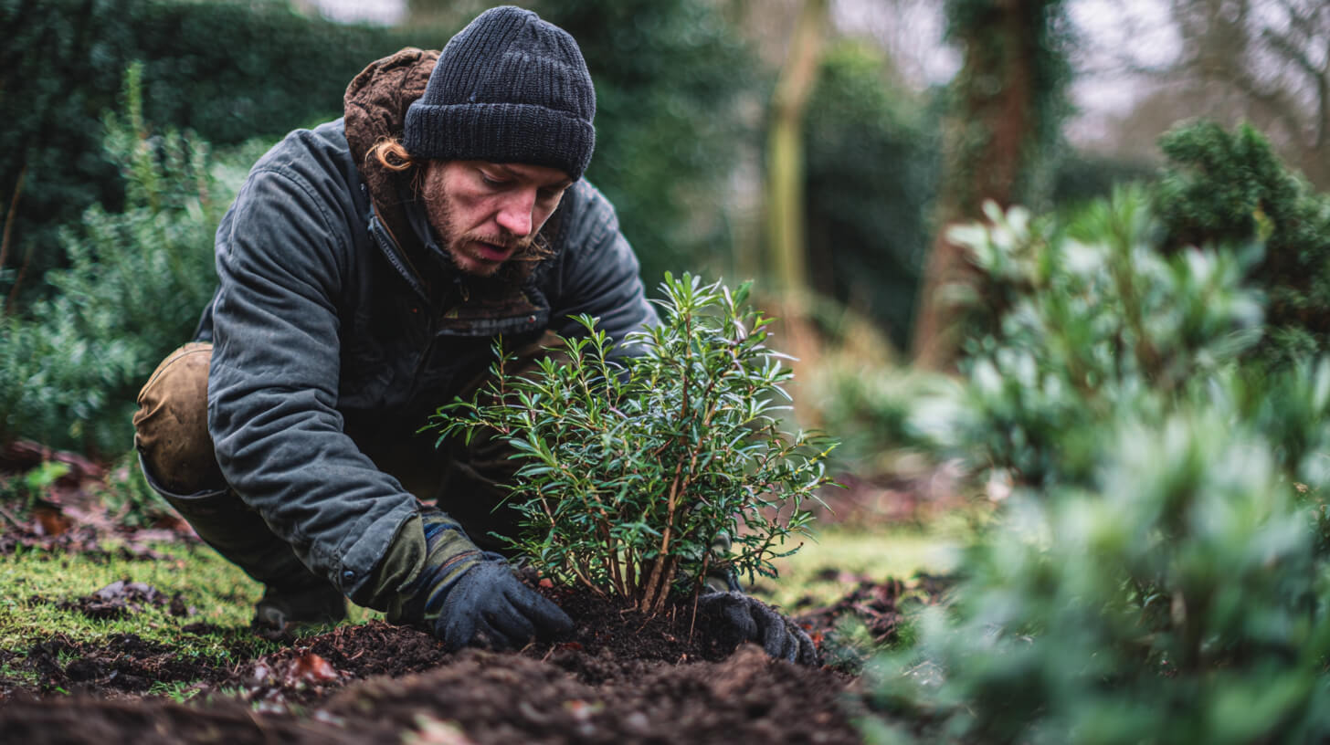 Tuinier plant een groenblijvende haag in een verzorgde tuin tijdens het aanleggen van nieuwe beplanting