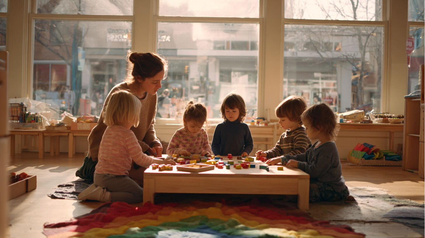Een groep kinderen bouwt met kleurrijke blokjes aan tafel terwijl een begeleidster van de BSO toezicht houdt in een lichte speelruimte