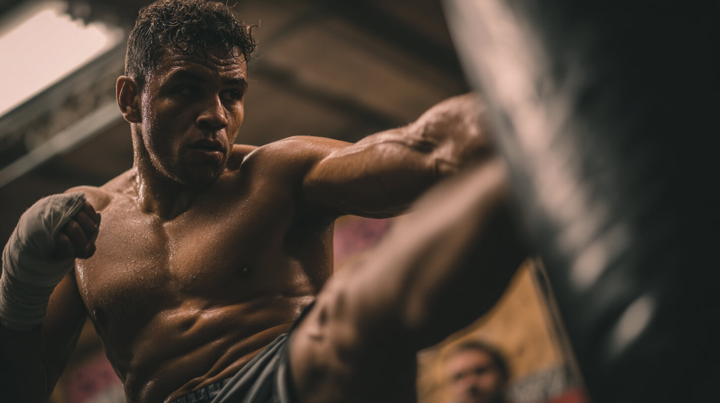 Sporter traint traptechnieken binnen Mixed Martial Arts en werkt aan kracht en coördinatie.
