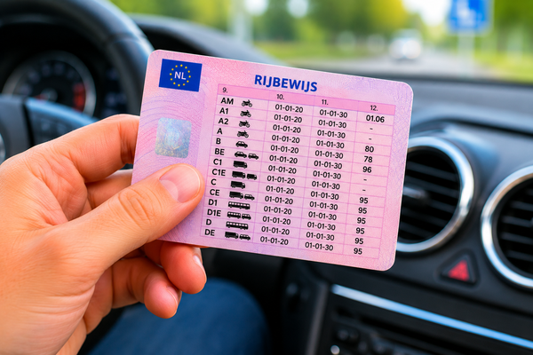 Persoon houdt Nederlands rijbewijs met rijbewijscodes vast in een auto-interieur