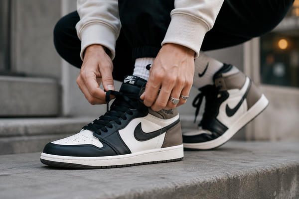 Persoon strikt authentieke sneakers in een stedelijke omgeving als onderdeel van een moderne streetwear outfit