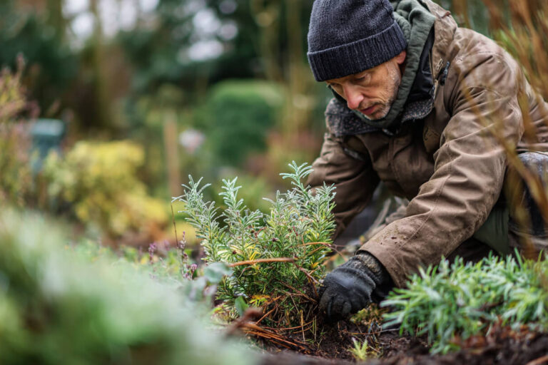 Tuinier verzorgt beplanting langs een groenblijvende haag voor een nette en onderhoudsvriendelijke tuin