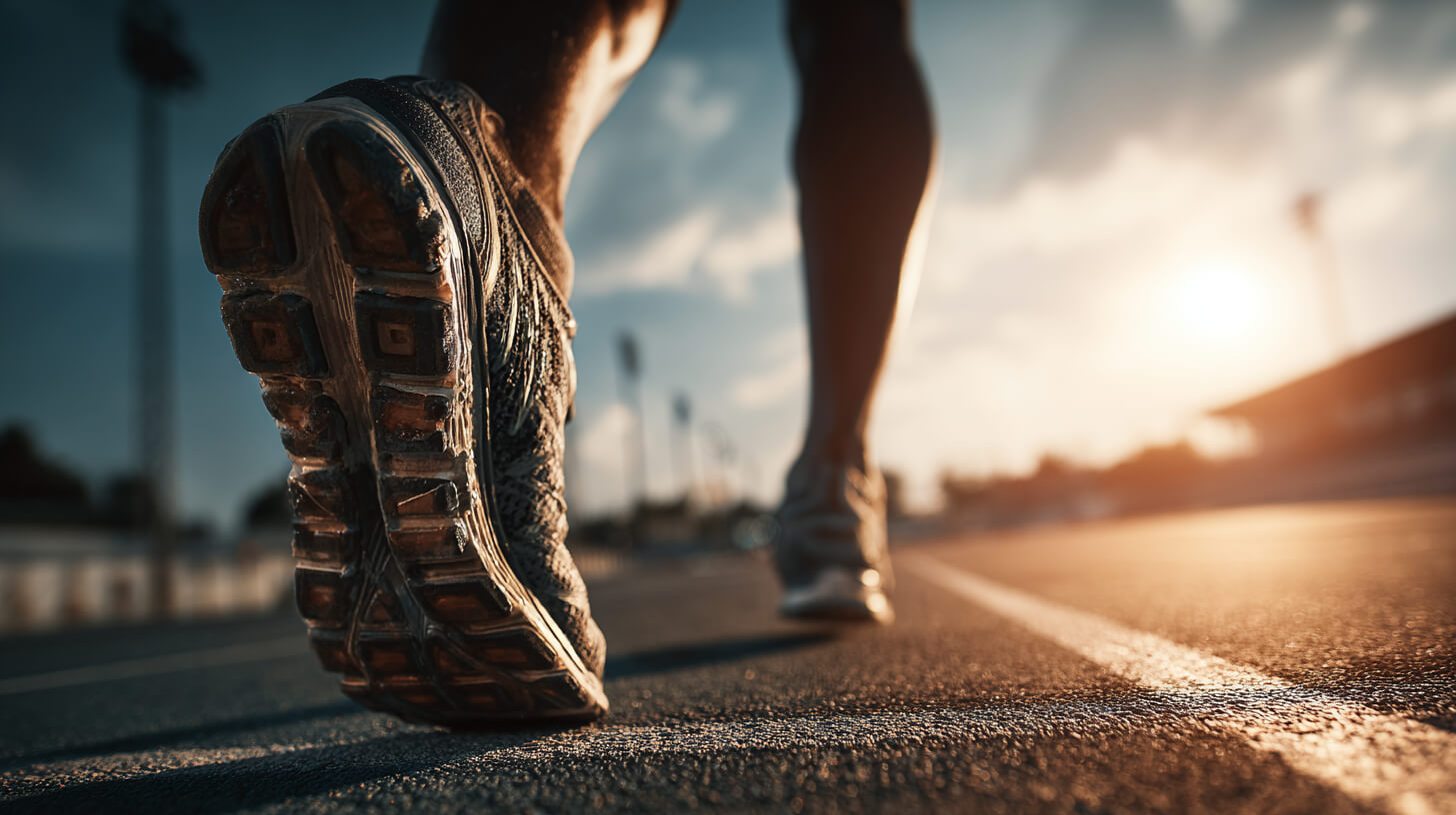 Hardloopschoen op asfalt tijdens een training waarbij stack height het contact met de ondergrond beïnvloedt
