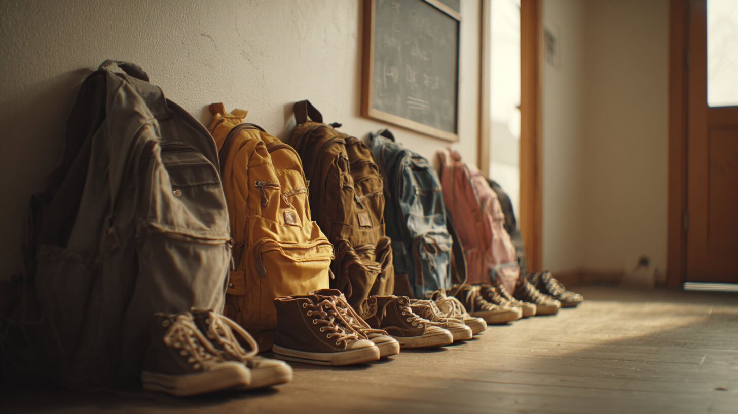 Rugtassen en schoenen van kinderen netjes op een rij bij de deur na een dag op school en buitenschoolse opvang