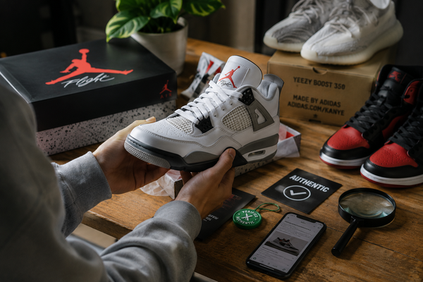 Sneakerliefhebber controleert de authenticiteit van exclusieve sneakers aan tafel met schoenendozen, labels en verificatiematerialen