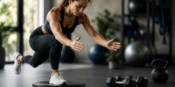 Sporter voert balansoefening uit op instabiel trainingsplatform tijdens proprioceptie- en coördinatietraining in moderne sportschool Sporter voert balansoefening uit op instabiel trainingsplatform tijdens proprioceptie- en coördinatietraining in moderne sportschool