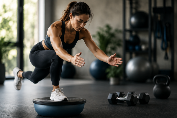 Sporter voert balansoefening uit op instabiel trainingsplatform tijdens proprioceptie- en coördinatietraining in moderne sportschool