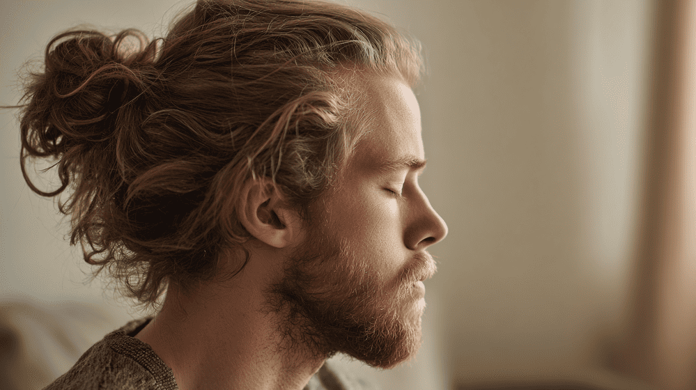 man met veel volume in zijn haar en een man bun