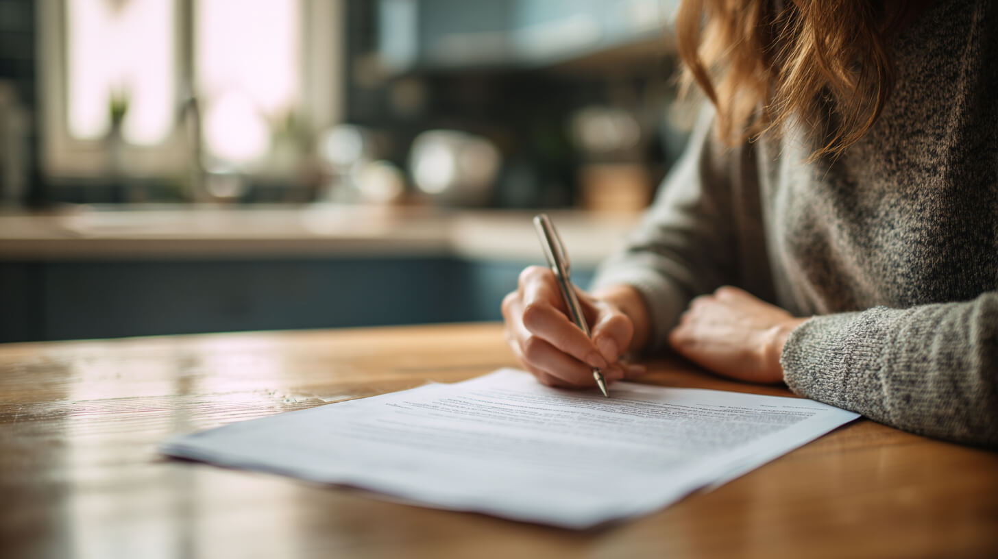 Close-up van een hand die een handtekening zet onder een getypt document op een houten tafel