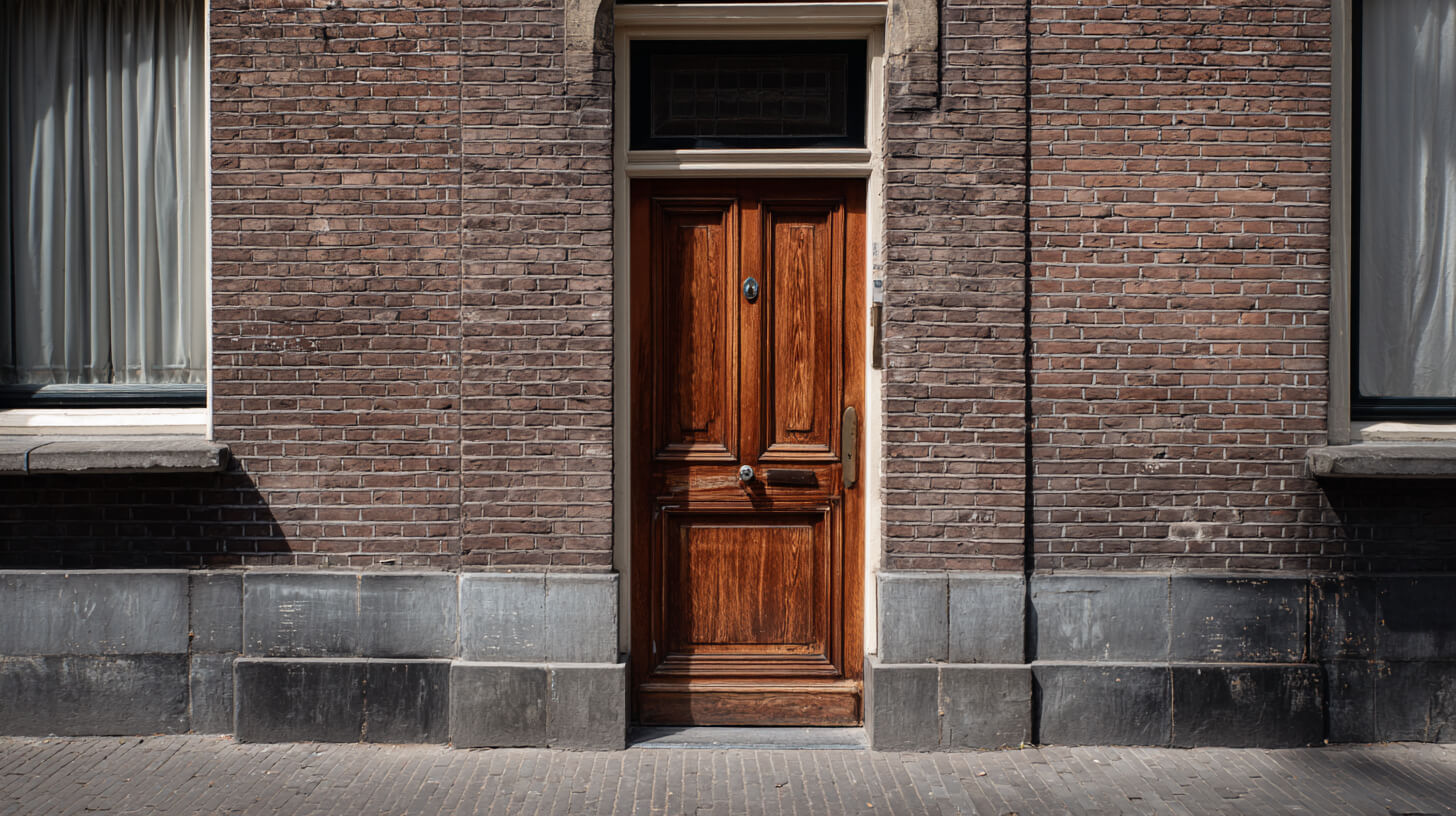 Bruine houten voordeur met traditioneel deurbeslag in een bakstenen gevel van een Nederlands woonhuis