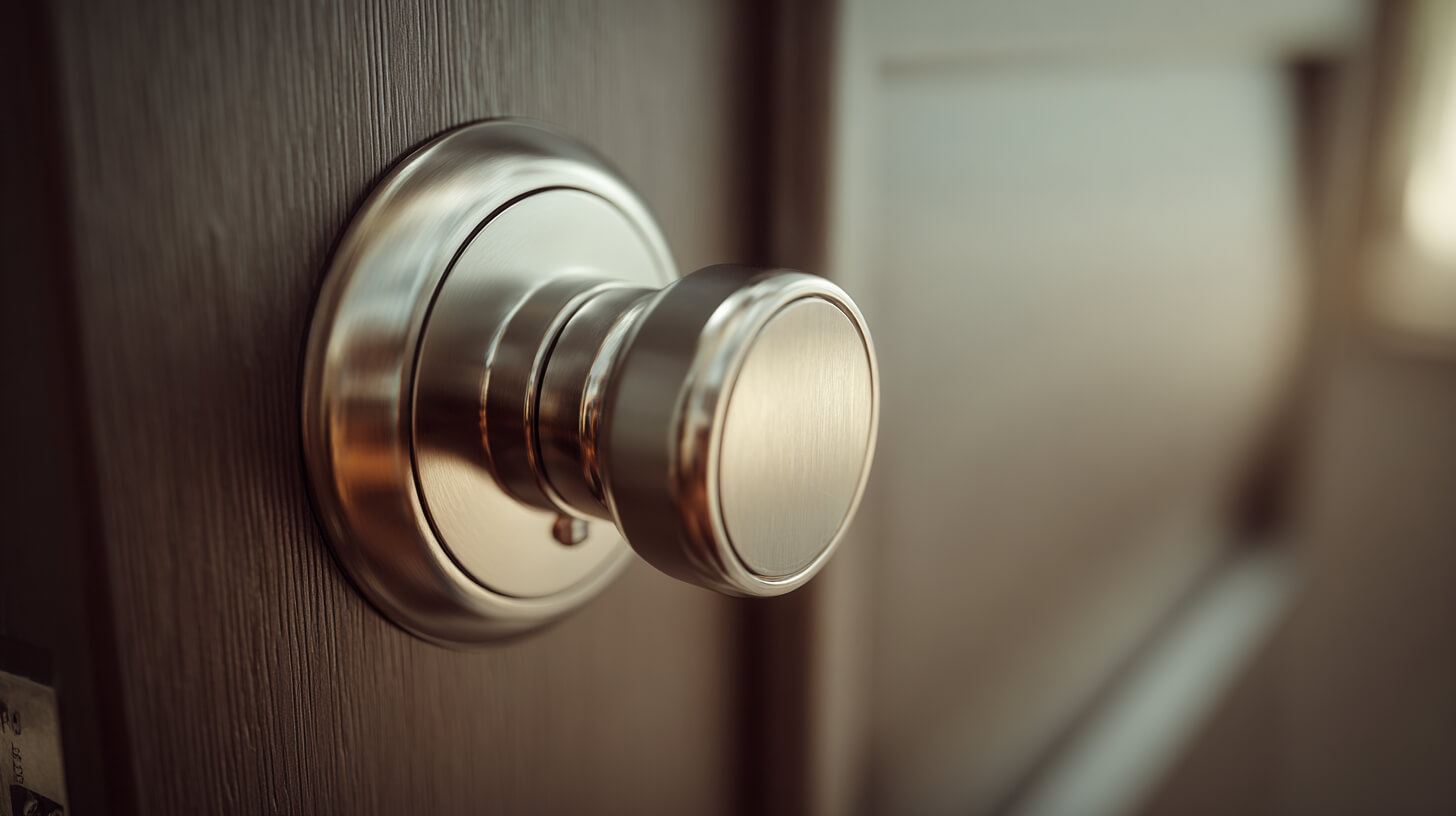 Close-up van een zilveren deurknop op een houten binnendeur
