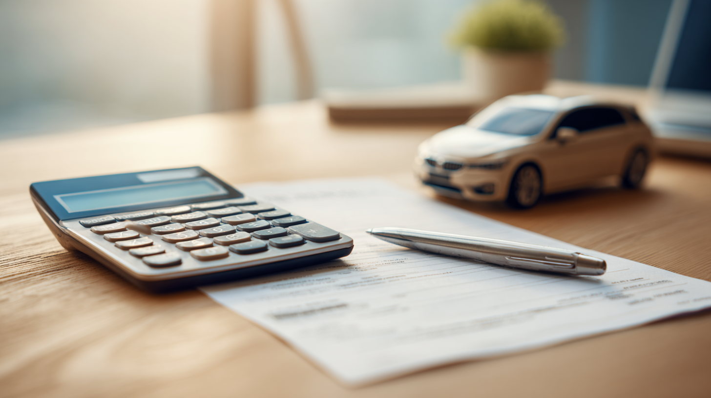 Rekenmachine, pen en documenten op een bureau naast een miniatuur auto, symbool voor het berekenen van de bijtelling op een leaseauto