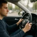 Rustige bestuurder achter het stuur tijdens tussentijdse toets rijbewijs