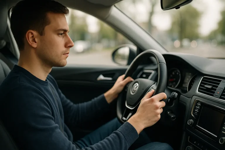 Rustige bestuurder achter het stuur tijdens tussentijdse toets rijbewijs