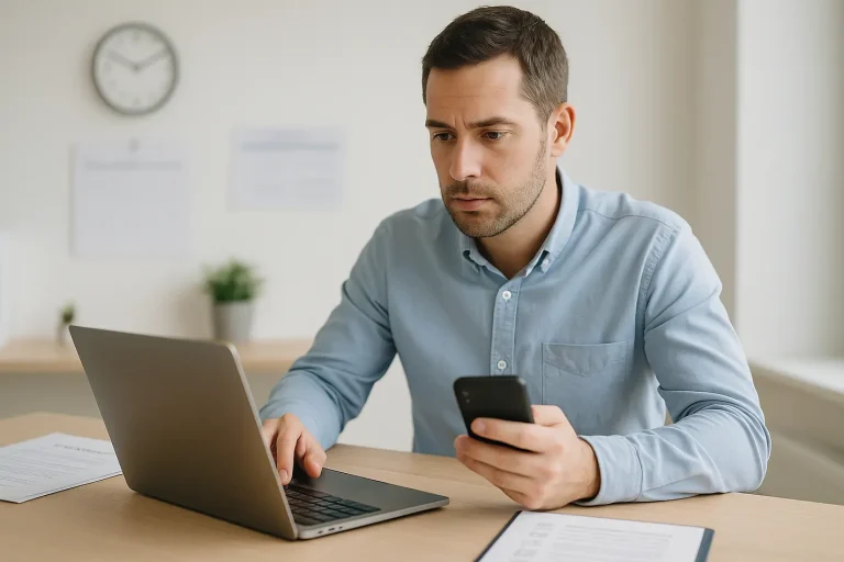 Persoon werkt aan laptop in kantoor met contractdocumenten en kalender op achtergrond, opzegtermijn abonnement.