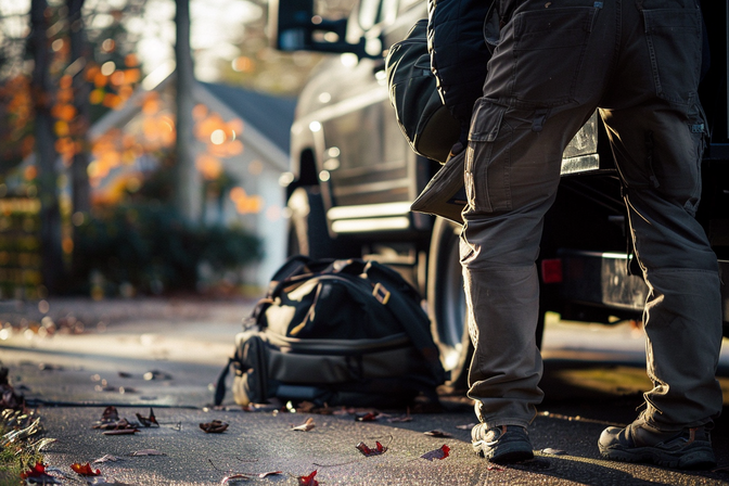 Een persoon van achteren gezien laadt bagage in de kofferbak van een auto op een zonnige herfstdag.