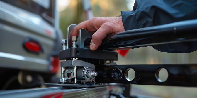 trekhaakkoppeling-plaatsen Gedetailleerde close-up van een hand die een trekhaakkoppeling op een auto plaatst, met focus op de mechanische onderdelen.