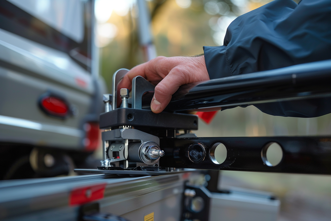 Gedetailleerde close-up van een hand die een trekhaakkoppeling op een auto plaatst, met focus op de mechanische onderdelen.